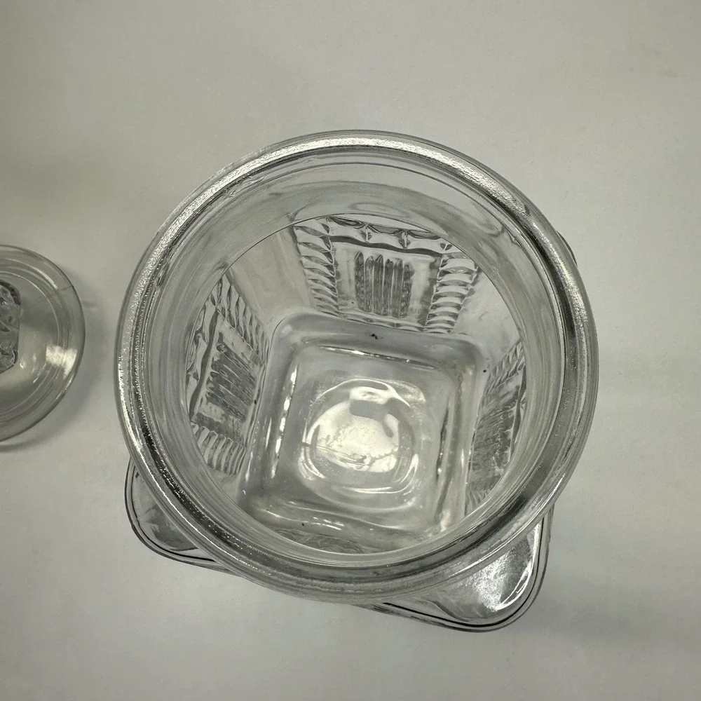 Vintage Clear Glass Square Apothecary Jar with Hexagonal Lid Embossed Detail